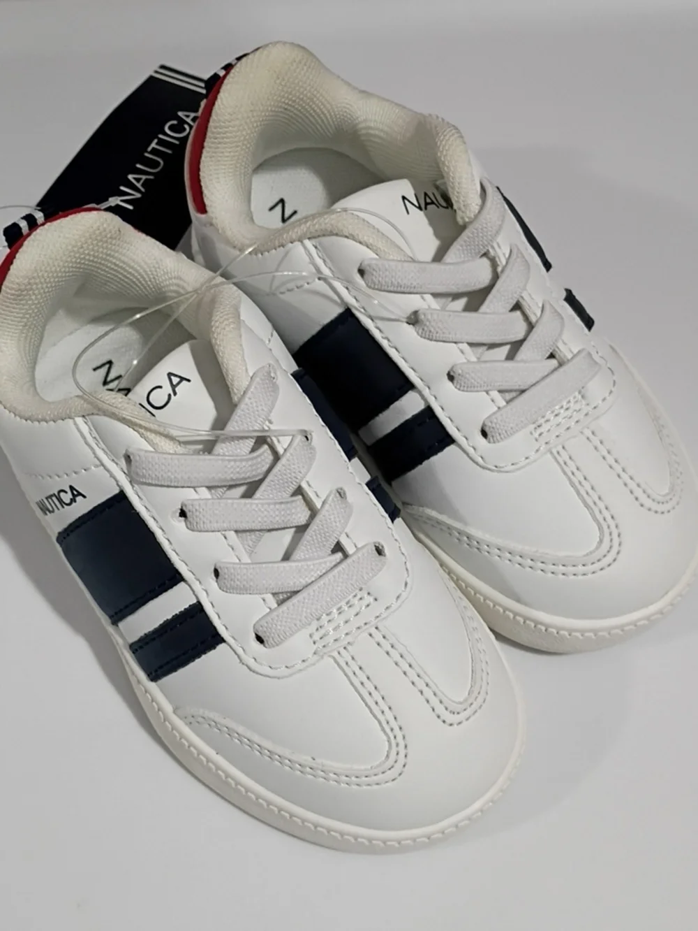 NAUTICA Kids White Sneakers with Navy Stripes and Red Heel Trim - SIZE 6 Toddler